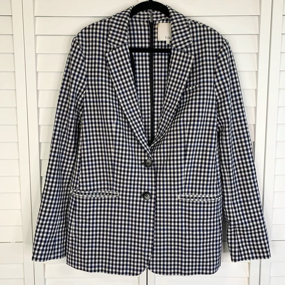 Tibi Blazer Size 10 Double Zipper Gingham Twill 2 Button Plaid White Black Blue